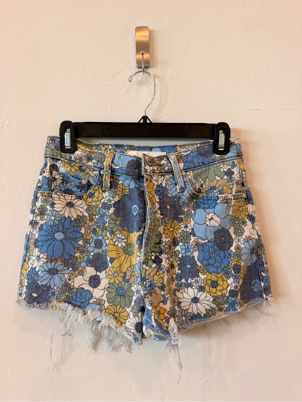 Mother Superior Floral Print Denim Cutoff Shorts - Blue/Yellow